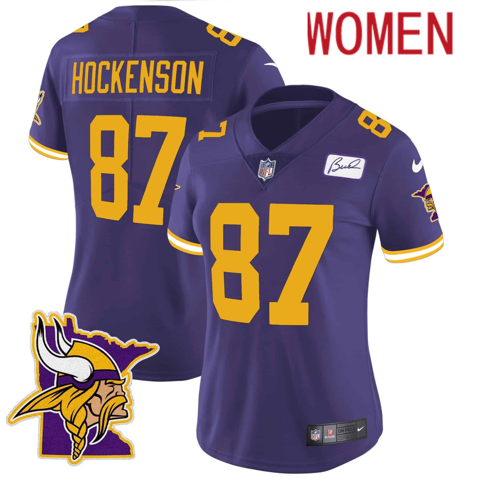Women Minnesota Vikings #87 Hockenson Purple 2024 Nike Patch Classic Limited NFL Jersey style 2